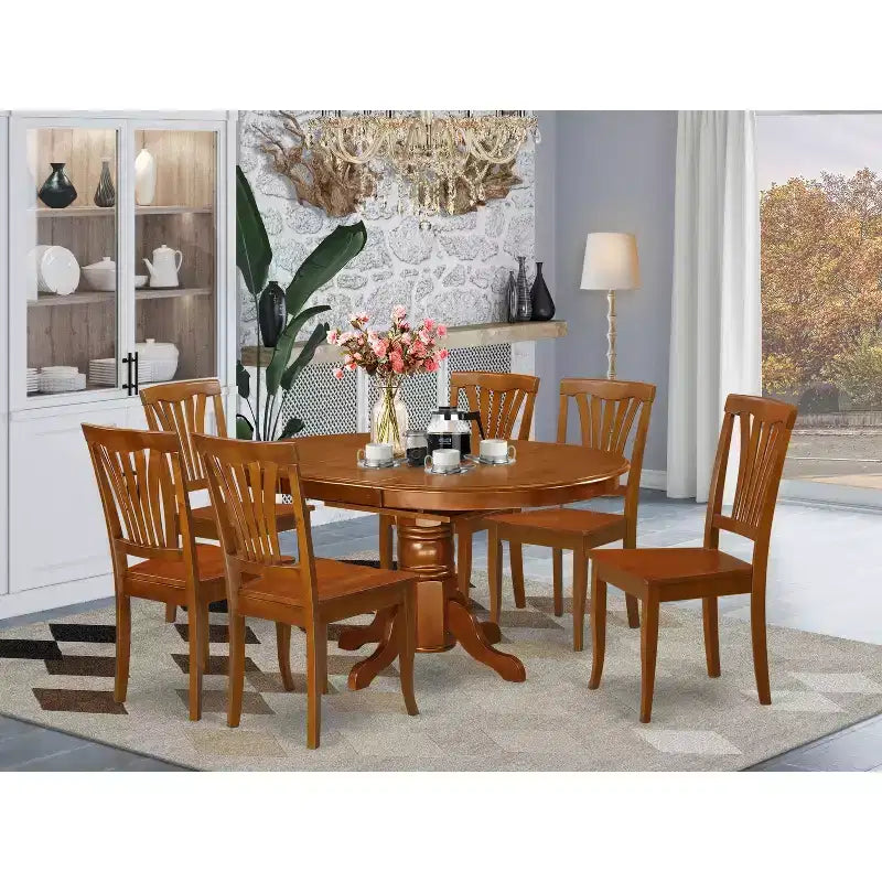 Tavolo da pranzo ovale a 7 pezzi con piano in legno massello finitura marrone sella e 6 sedie con