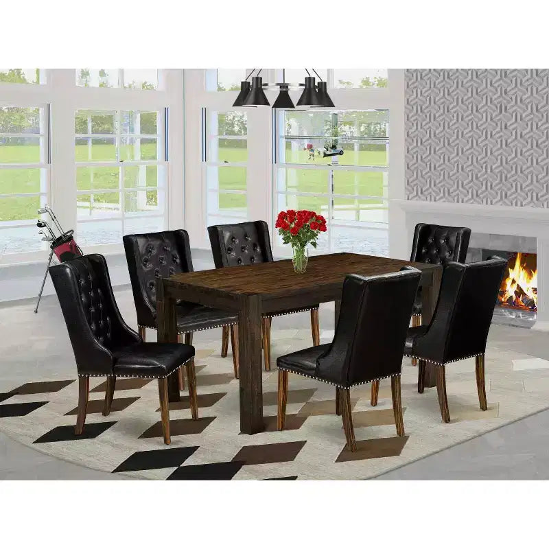 Tavolo da pranzo HomeStock in 7 pezzi con piano in legno massello con finitura anticata giacobina e 6 sedie