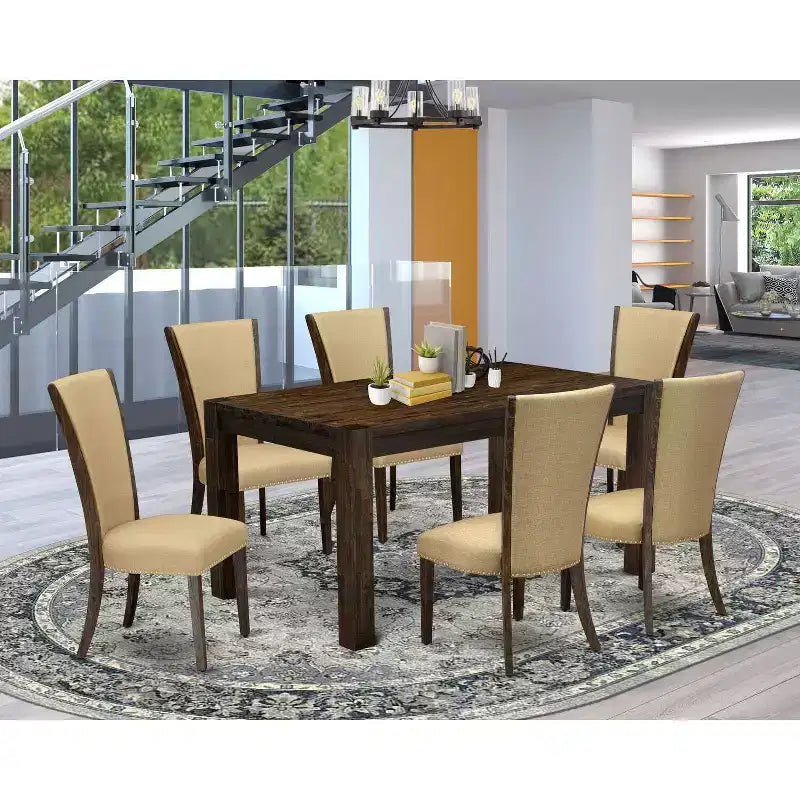HomeStock Tavolo da Pranzo con 6 Sedie Parson, 7 Pezzi, in Legno Massello Finitura Jacobean Invecchiato