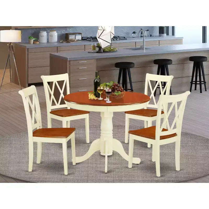 HomeStock Set da pranzo 5 pezzi rotondo con top in legno massello finitura bianco burro e ciliegio, con 4 sedie con schienale a croce