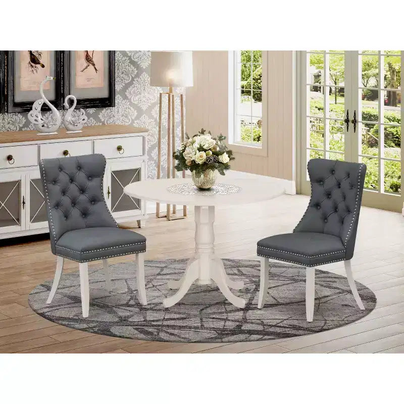 Set da pranzo da 3 pezzi in lino bianco massiccio con piano in legno - 4 posti