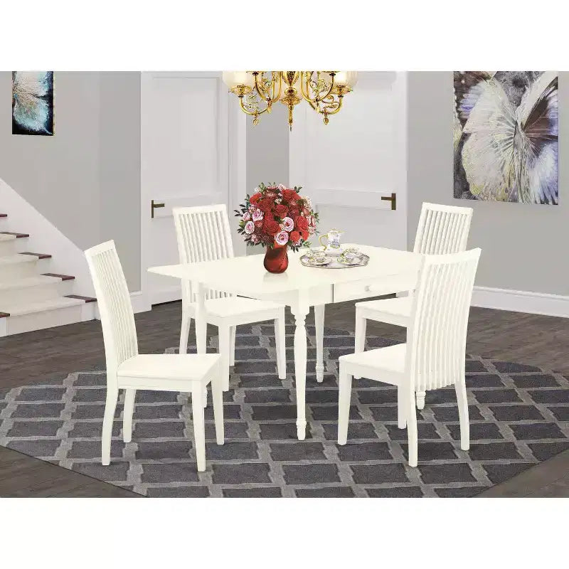 Set da pranzo 5 pezzi in legno massello con finitura lino bianco - 4 posti a sedere