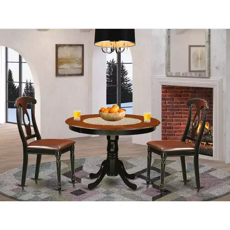 HomeStock Set da Pranzo Rotondo da 3 Pezzi, Tavolo con Piano in Legno Massello Finitura Nera e Ciliegio e 2 Sedie