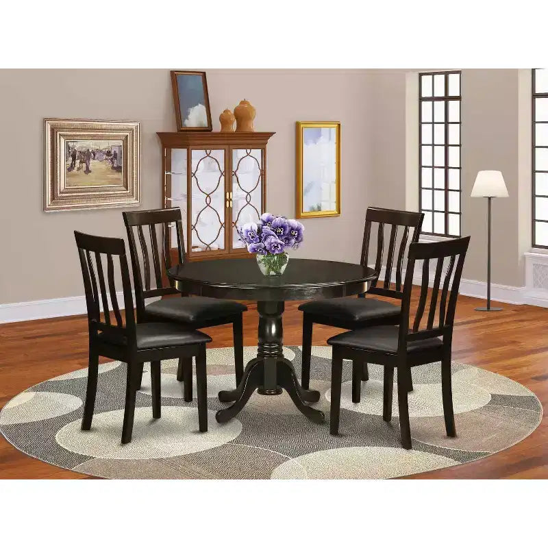 HomeStock Set da pranzo rotondo da 3 pezzi con piano in legno massiccio spazzolato nero - 4 posti a sedere