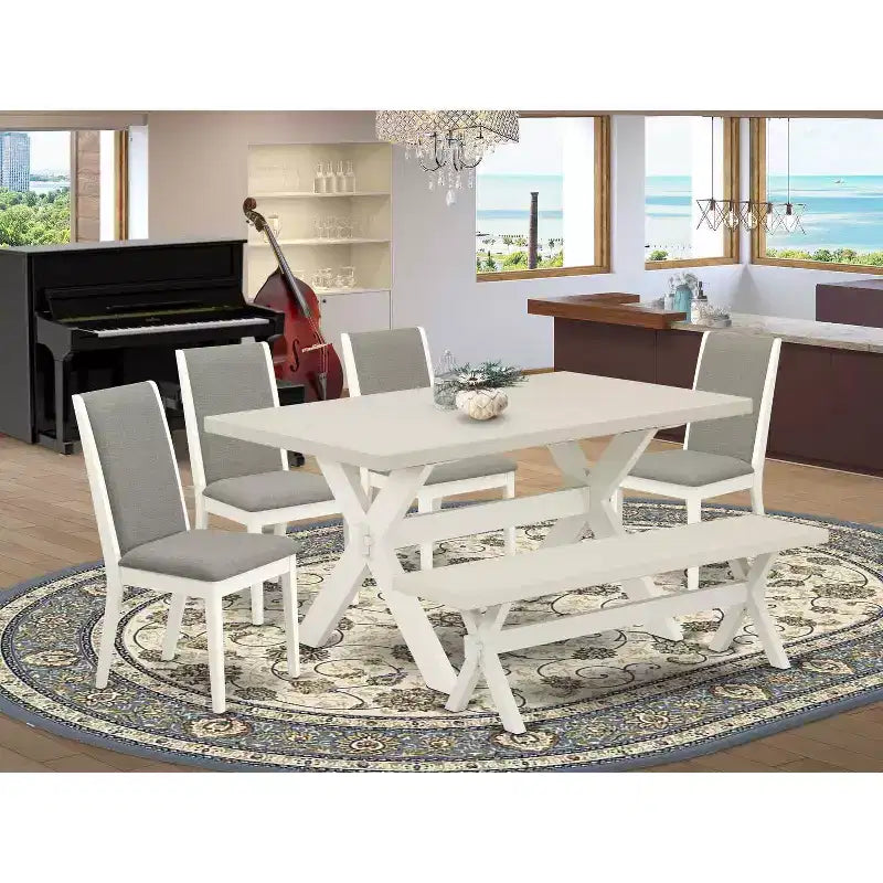 HomeStock - Tavolo da pranzo rettangolare a 6 posti in legno massello con finitura in rovere naturale, con 1 panca e 4 sedie