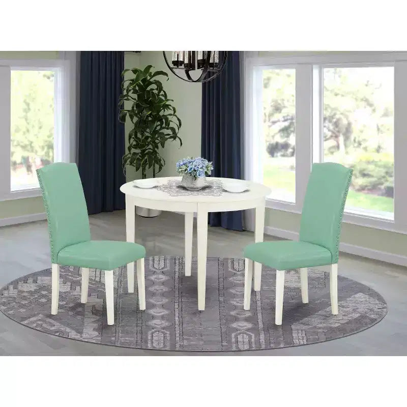 Set Tavolo da Pranzo Rotondo 3 pezzi, Tavolo e Sedie in Stile Francese Rustico con Gambe Bianche Lino e Pelle Sintetica Color Stagno