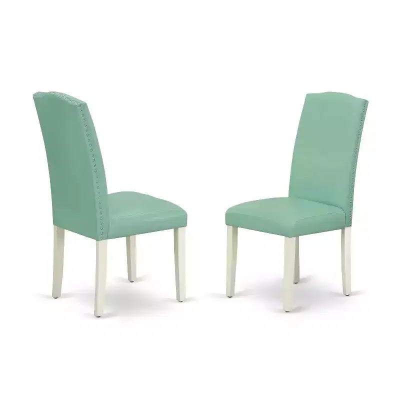 Set Tavolo da Pranzo Rotondo 3 pezzi, Tavolo e Sedie in Stile Francese Rustico con Gambe Bianche Lino e Pelle Sintetica Color Stagno