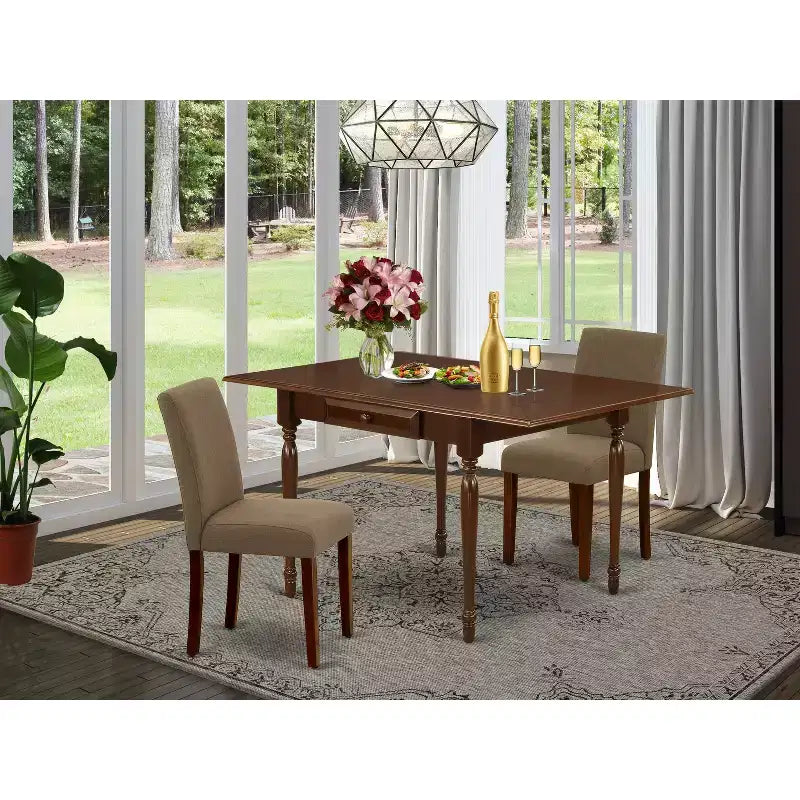 HomeStock Set da Pranzo 3 Pezzi in Legno Massello Finitura Mogano con Tavolo a Ribalta - 2 Posti