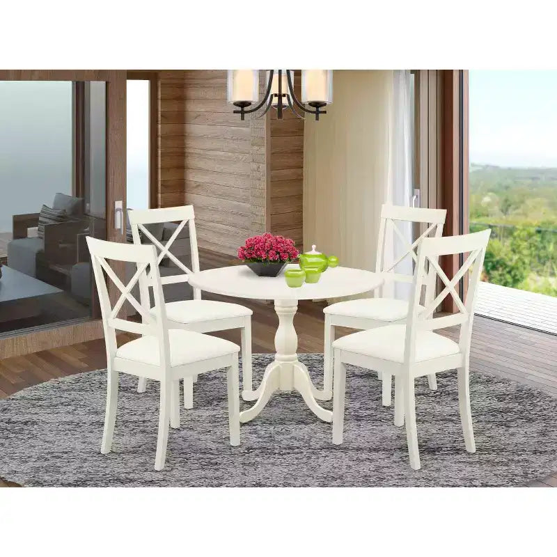 HomeStock Set pranzo 5 pezzi in legno massello con top in lino bianco, tavolo con 4 sedie con schienale a traliccio e piano ribaltabile