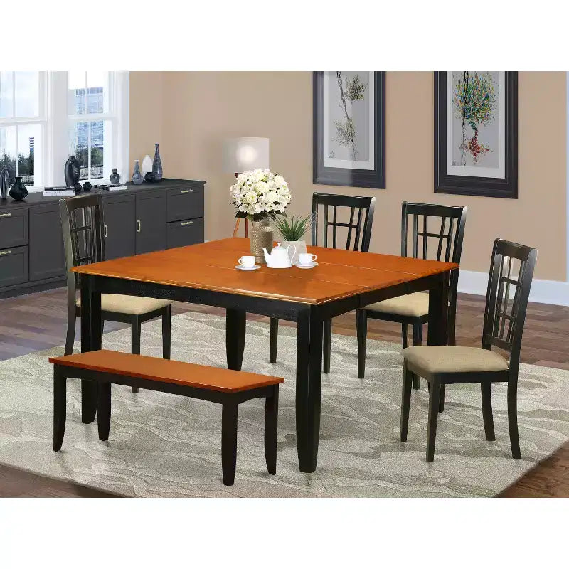 Tavolo da pranzo HomeStock a 6 pezzi, quadrato, con piano in legno massiccio finitura nera e ciliegio, con 1 panca e 4 sedie