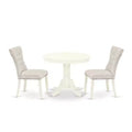 3-Piece Linen White Finish Solid Wood Top - Round Dining Room Set - Seats 4