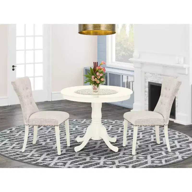 Set da pranzo rotondo in legno massello con finitura lino bianco a 3 pezzi - 4 posti