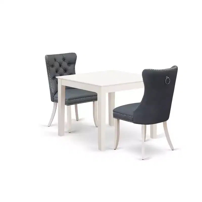 Set tavolo da pranzo HomeStock 3 pezzi, finitura lino bianco, piano quadrato in legno massello