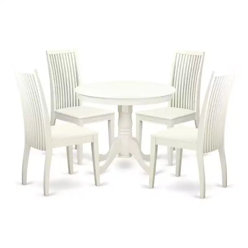 Kitchen Table Set 5 Piece Round Dining Table & 4 Chairs Linen White Modern Bistro Set