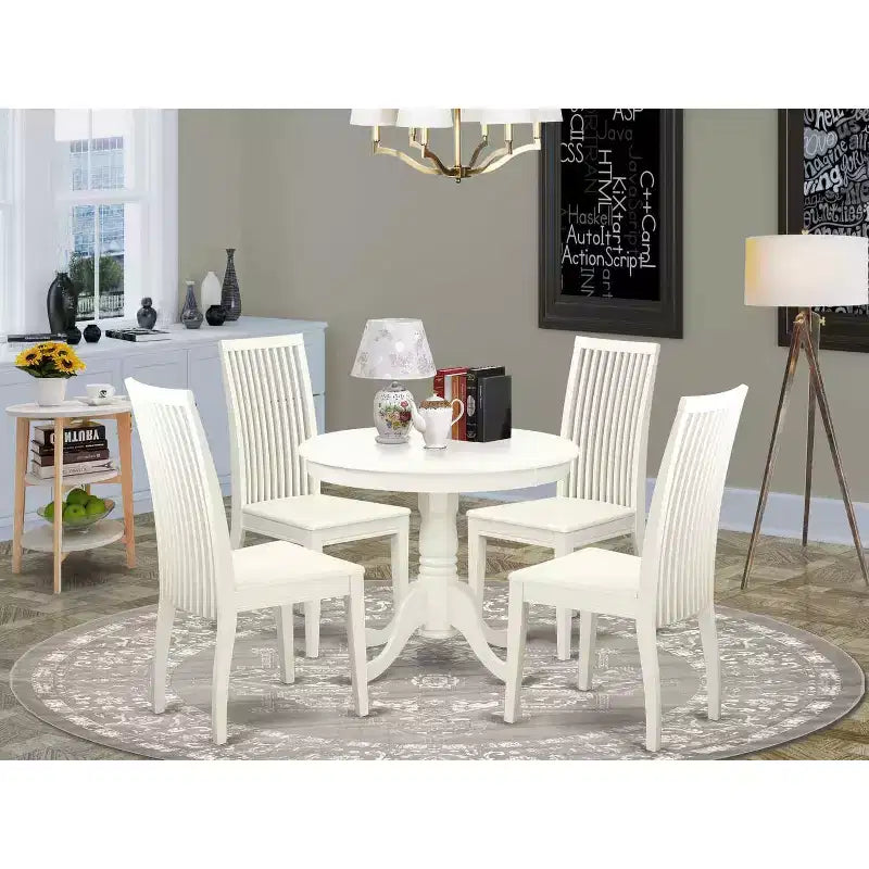 Set da Tavolo da Cucina 5 Pezzi Tavolo Rotondo e 4 Sedie Lino Bianco Moderno Set da Bistrò