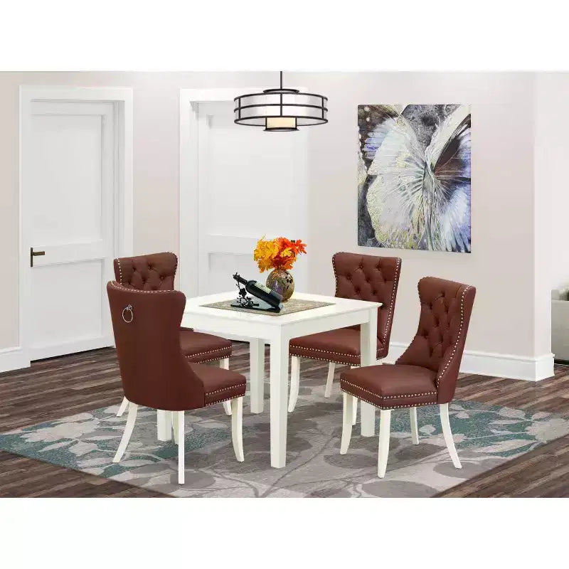 Set Sala da Pranzo 5 Pezzi, con Piano in Legno Massello Finitura Bianco Lino, Sedute Tappezzate - Tavolo Quadrato - 4 Posti