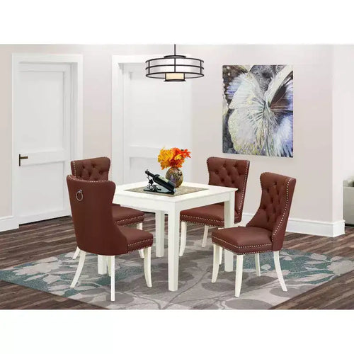 Set Sala da Pranzo 5 Pezzi, con Piano in Legno Massello Finitura Bianco Lino, Sedute Tappezzate - Tavolo Quadrato - 4 Posti