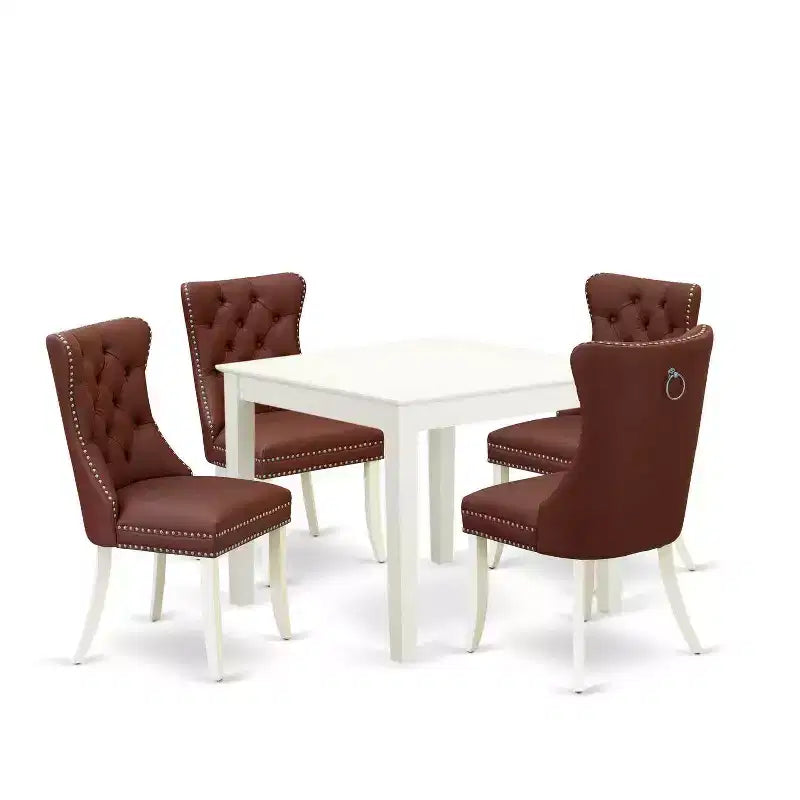 Set Sala da Pranzo 5 Pezzi, con Piano in Legno Massello Finitura Bianco Lino, Sedute Tappezzate - Tavolo Quadrato - 4 Posti