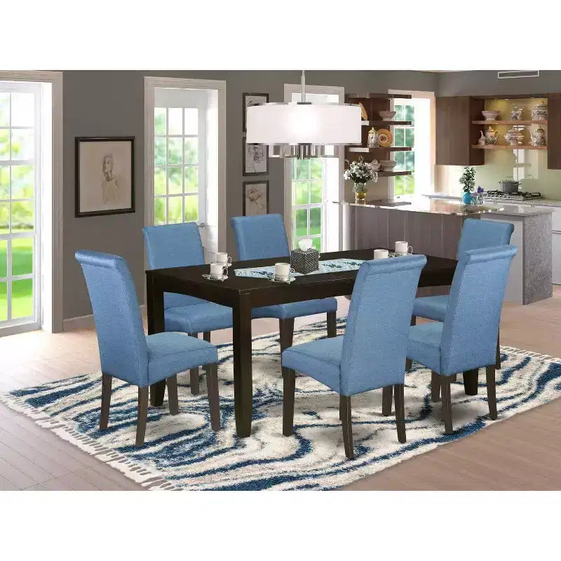 Set Tavolo da Cucina 7 Pezzi Tavolo da Pranzo con Sedie in Tessuto Lino Blu Gambe Color Cappuccino