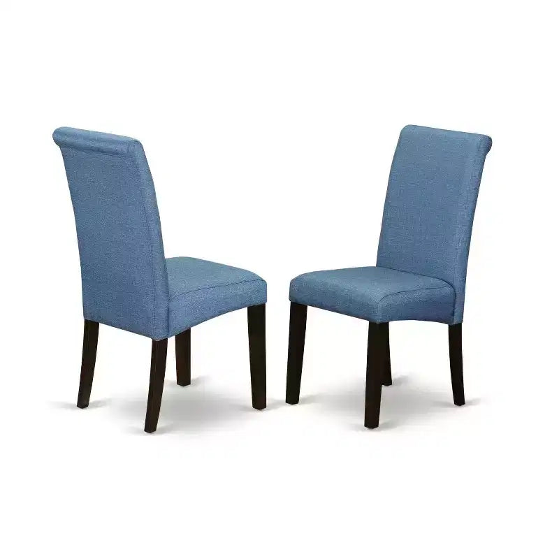 Set Tavolo da Cucina 7 Pezzi Tavolo da Pranzo con Sedie in Tessuto Lino Blu Gambe Color Cappuccino