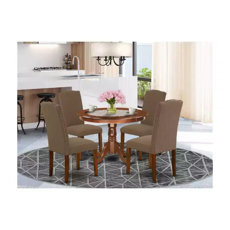 Set Dinette Rotondo 5 Pezzi - Tavolo da 42 Pollici e 4 Sedie - Tessuto di Lino - Finitura Caffè Scuro