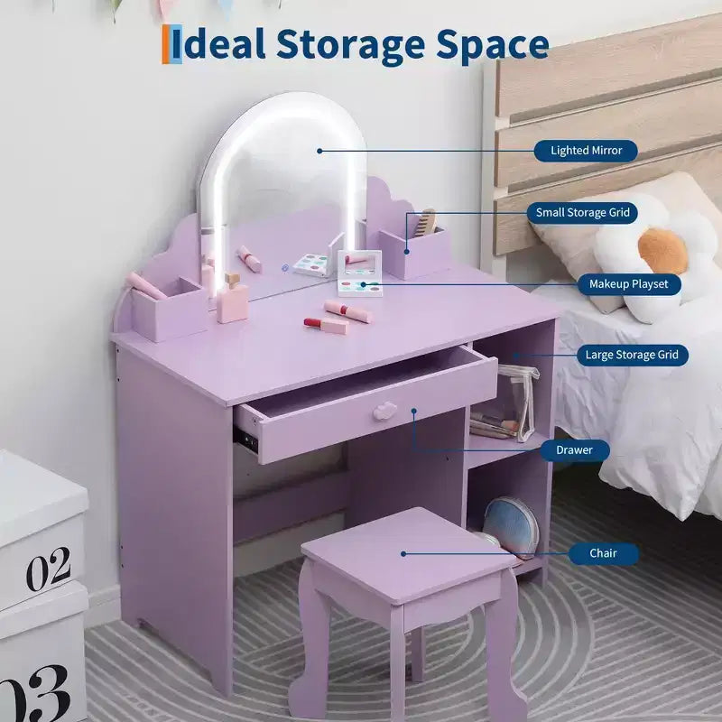 Toeletta per bambini con specchio, tavolo da trucco da principessa con sgabello, cassetto, mensole e scomparti, tavolino da toeletta in legno per bambine