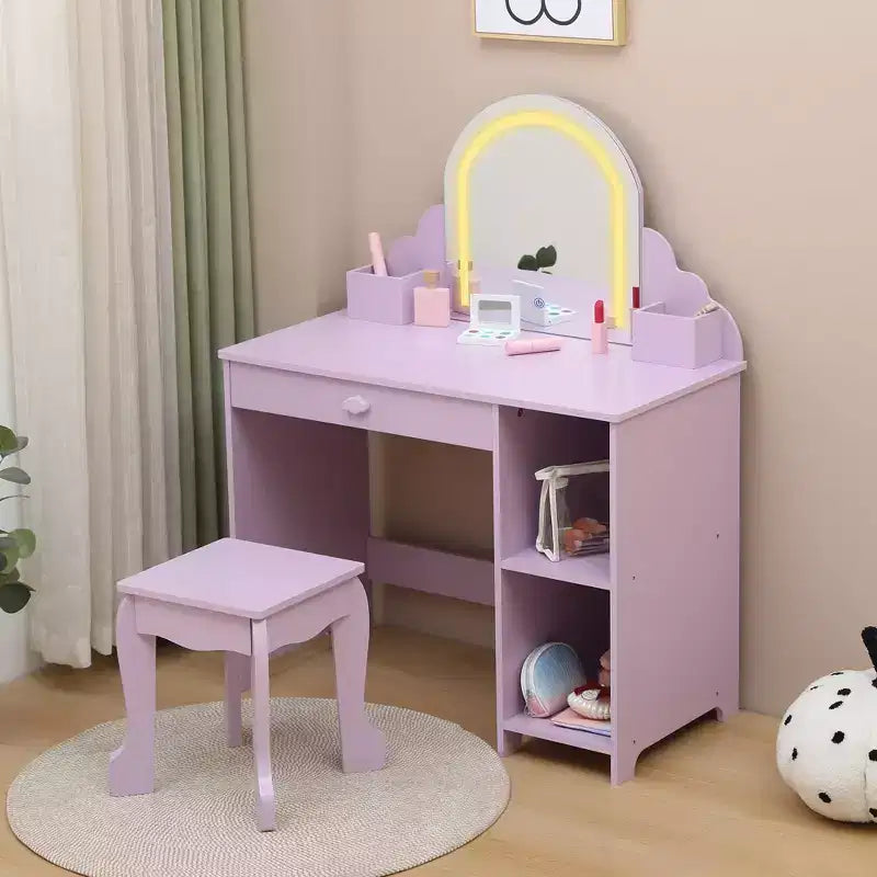 Toeletta per bambini con specchio, tavolo da trucco da principessa con sgabello, cassetto, mensole e scomparti, tavolino da toeletta in legno per bambine