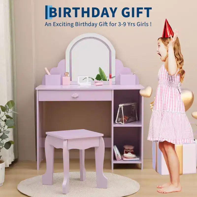 Toeletta per bambini con specchio, tavolo da trucco da principessa con sgabello, cassetto, mensole e scomparti, tavolino da toeletta in legno per bambine