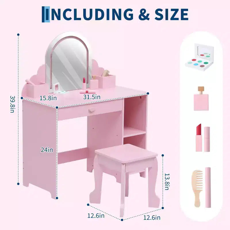 Toeletta per bambini con specchio, tavolo da trucco da principessa con sgabello, cassetto, mensole e scomparti, tavolino da toeletta in legno per bambine
