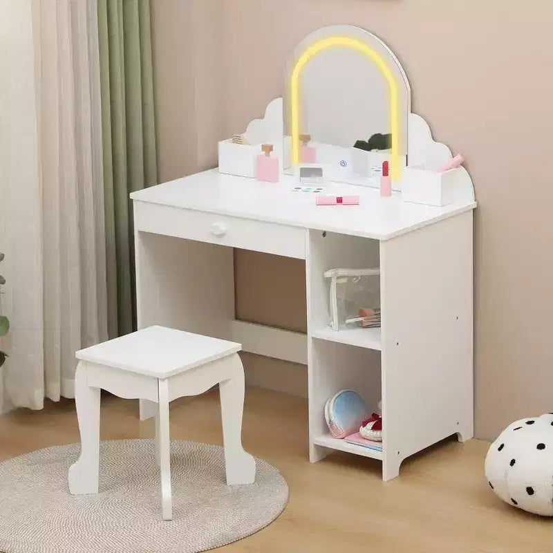 Toeletta per bambini con specchio, tavolo da trucco da principessa con sgabello, cassetto, mensole e scomparti, tavolino da toeletta in legno per bambine