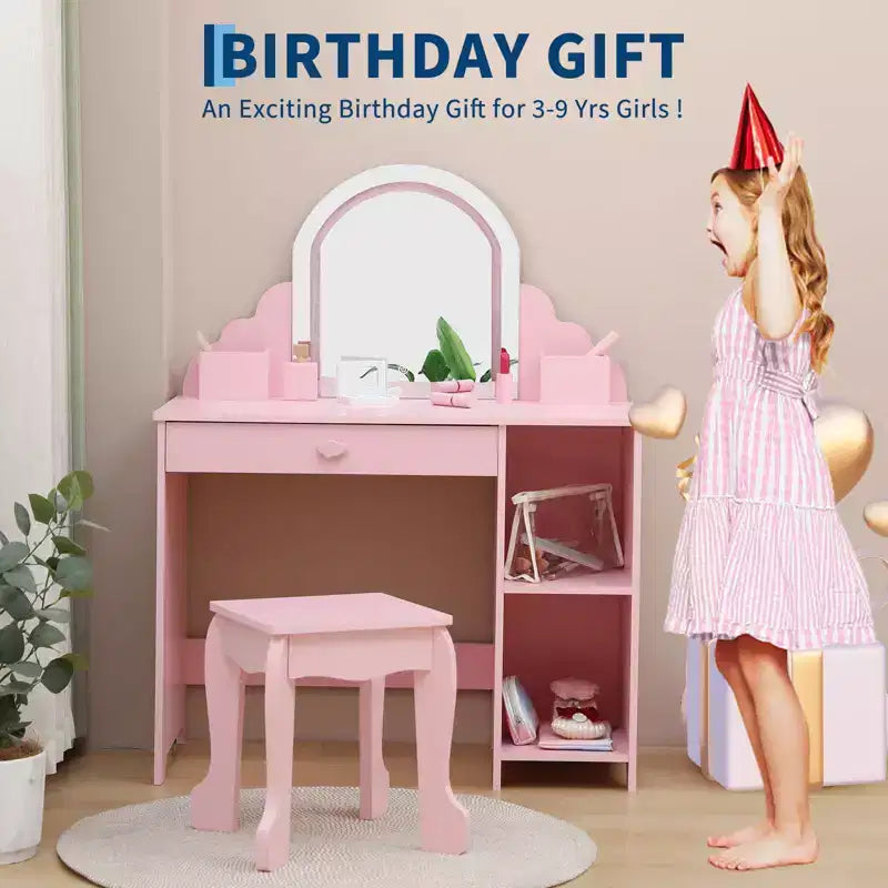 Toeletta per bambini con specchio, tavolo da trucco da principessa con sgabello, cassetto, mensole e scomparti, tavolino da toeletta in legno per bambine