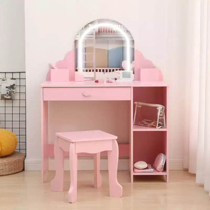 Toeletta per bambini con specchio, tavolo da trucco da principessa con sgabello, cassetto, mensole e scomparti, tavolino da toeletta in legno per bambine