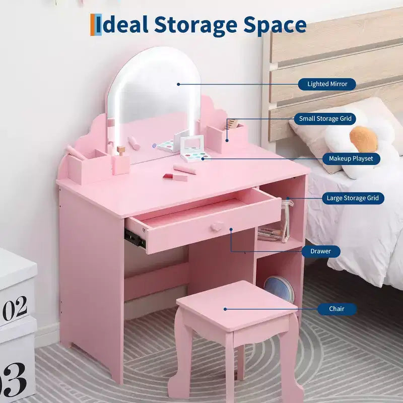 Toeletta per bambini con specchio, tavolo da trucco da principessa con sgabello, cassetto, mensole e scomparti, tavolino da toeletta in legno per bambine