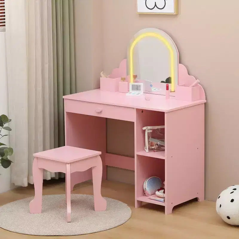 Toeletta per bambini con specchio, tavolo da trucco da principessa con sgabello, cassetto, mensole e scomparti, tavolino da toeletta in legno per bambine
