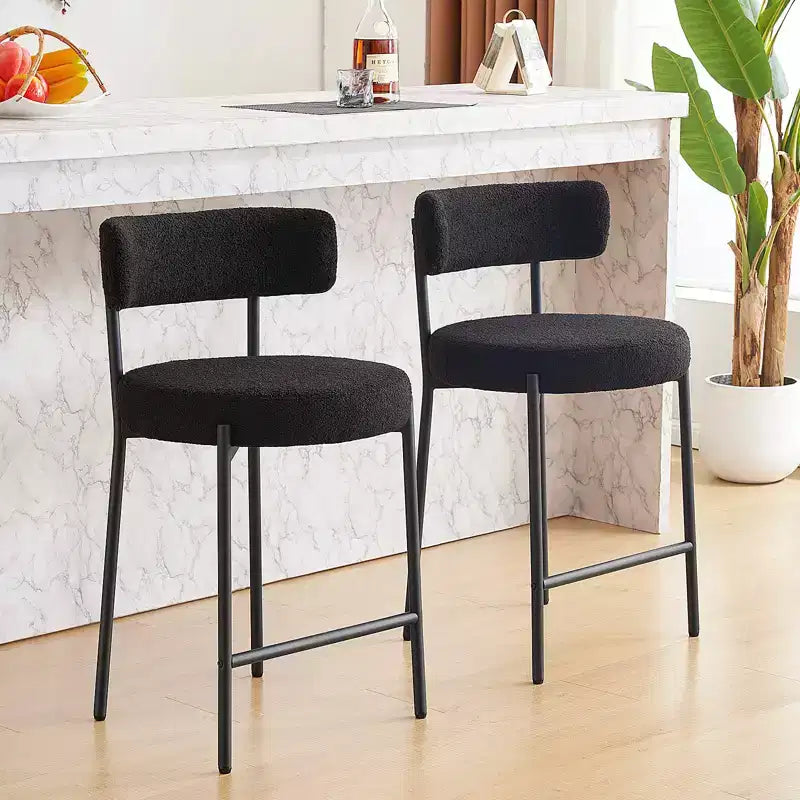Furnilivng 24Modern Set di 2 Sgabelli da Bancone in Tessuto Bouclé, Schienale Medio e Struttura in Metallo per Isola da Cucina, Sala da Pranzo