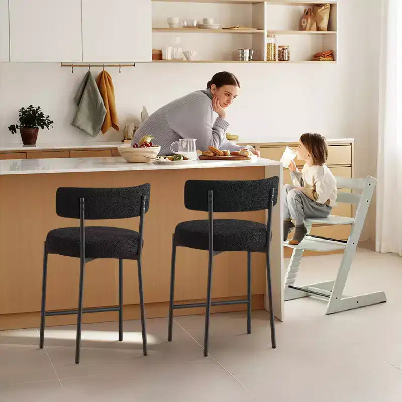 Furnilivng 24Modern Set di 2 Sgabelli da Bancone in Tessuto Bouclé, Schienale Medio e Struttura in Metallo per Isola da Cucina, Sala da Pranzo