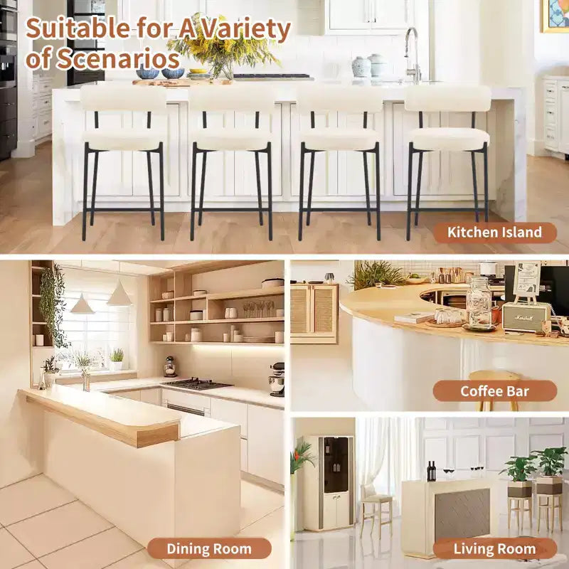 Furnilivng 24Modern Set di 2 Sgabelli da Bancone in Tessuto Bouclé, Schienale Medio e Struttura in Metallo per Isola da Cucina, Sala da Pranzo