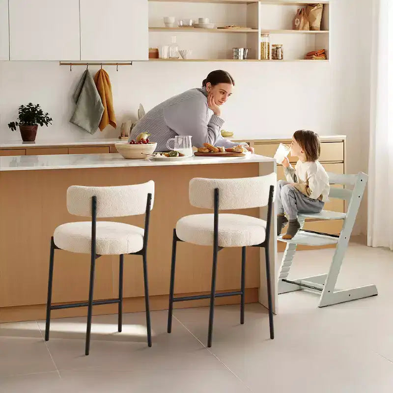 Furnilivng 24Modern Set di 2 Sgabelli da Bancone in Tessuto Bouclé, Schienale Medio e Struttura in Metallo per Isola da Cucina, Sala da Pranzo