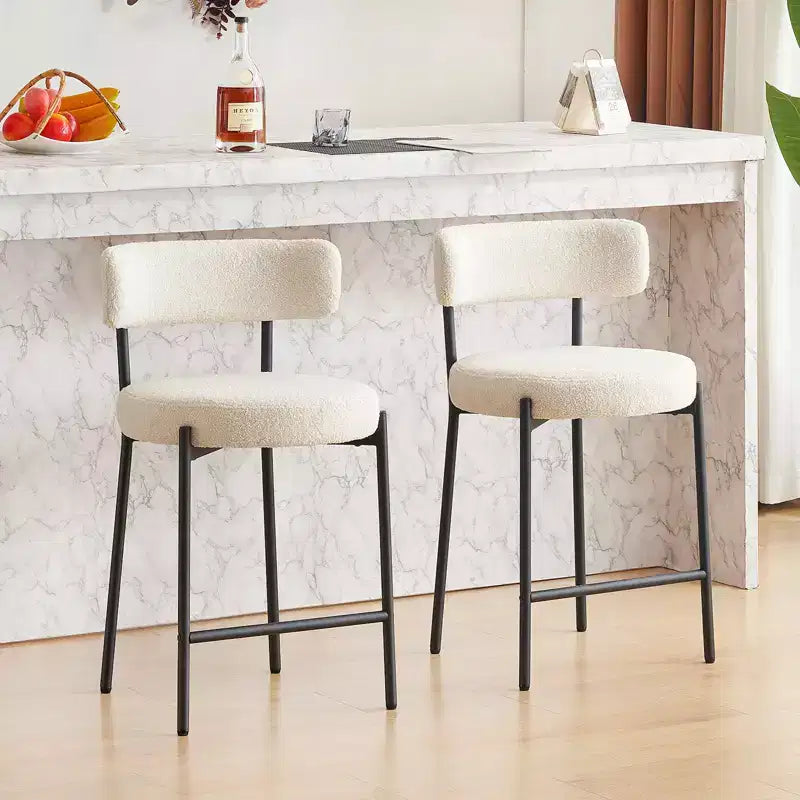 Furnilivng 24Modern Set di 2 Sgabelli da Bancone in Tessuto Bouclé, Schienale Medio e Struttura in Metallo per Isola da Cucina, Sala da Pranzo