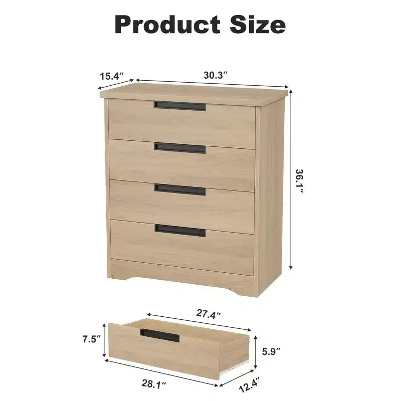 COZONY Comò Moderno a 4 Cassetti con Maniglie Nascoste, Armadio Contenitore in Legno per Camera da Letto, Soggiorno, Cameretta
