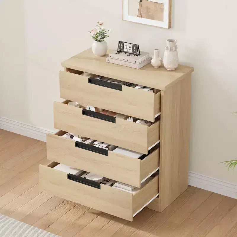 COZONY Comò Moderno a 4 Cassetti con Maniglie Nascoste, Armadio Contenitore in Legno per Camera da Letto, Soggiorno, Cameretta