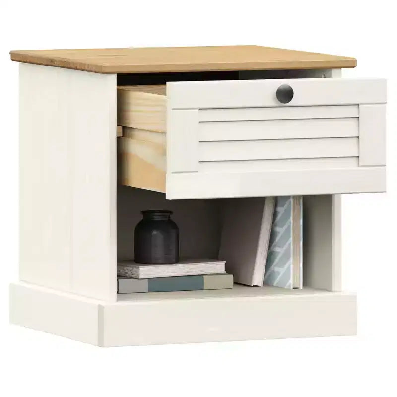 Comodino Bianco Pino massiccio, legno ingegnerizzato, metallo