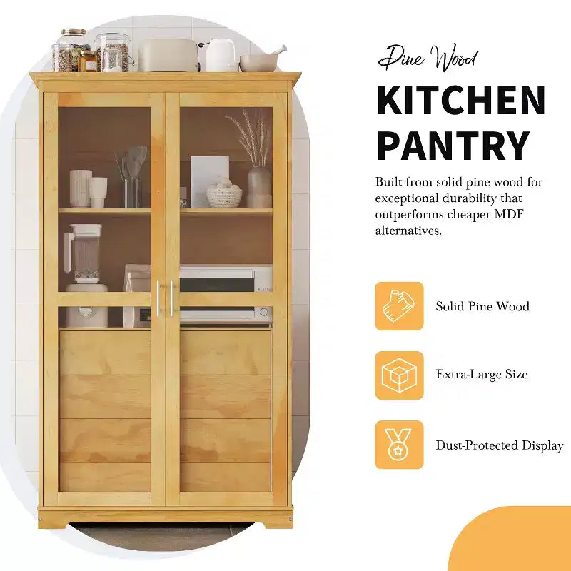 TOPMAX 44.7x20x75 pollici, dispensa da cucina, mobiletto indipendente per riporre oggetti in cucina con ante in vetro e 4 cassetti integrati per il soggiorno