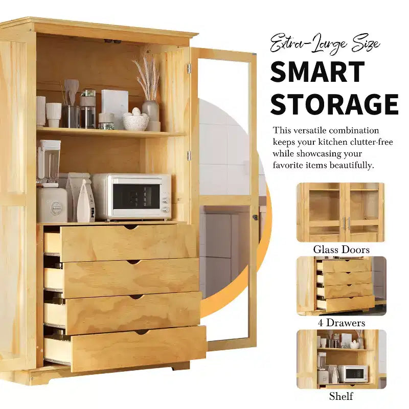 TOPMAX 44.7x20x75 pollici, dispensa da cucina, mobiletto indipendente per riporre oggetti in cucina con ante in vetro e 4 cassetti integrati per il soggiorno