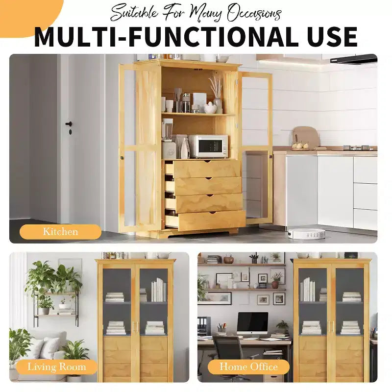 TOPMAX 44.7x20x75 pollici, dispensa da cucina, mobiletto indipendente per riporre oggetti in cucina con ante in vetro e 4 cassetti integrati per il soggiorno
