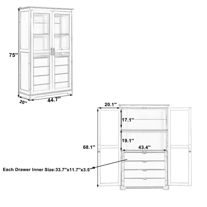 TOPMAX 44.7x20x75 pollici, dispensa da cucina, mobiletto indipendente per riporre oggetti in cucina con ante in vetro e 4 cassetti integrati per il soggiorno