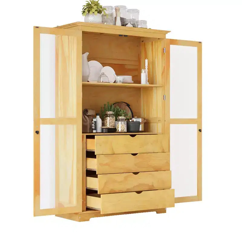 TOPMAX 44.7x20x75 pollici, dispensa da cucina, mobiletto indipendente per riporre oggetti in cucina con ante in vetro e 4 cassetti integrati per il soggiorno
