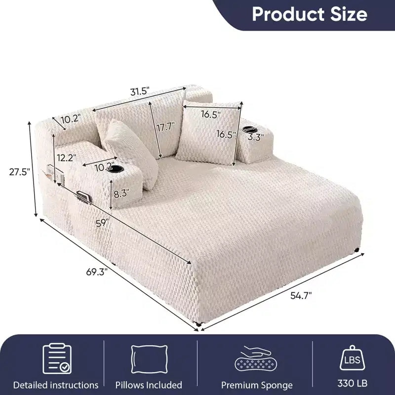 Mjkone 54 Poltrona Chaise Longue, Poltrona Singola in Velluto Tartaruga, Poltrona da Lettura Imbottita con Cuscini, Portabicchieri, Tasche Laterali