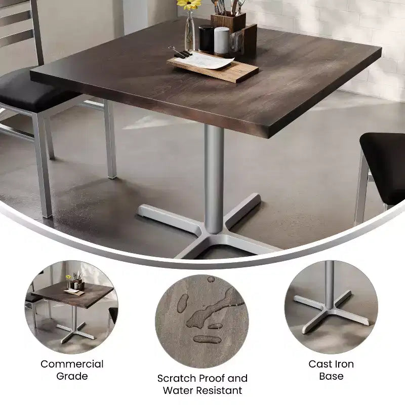 Flash Furniture Bennett Piano Tavolo Quadrato in Legno Massello Commerciale da Interno con Base a X in Ghisa Antiruggine per Altezza Cena 30 x 30