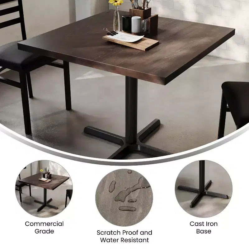 Flash Furniture Bennett Piano Tavolo Quadrato in Legno Massello Commerciale da Interno con Base a X in Ghisa Antiruggine per Altezza Cena 30 x 30